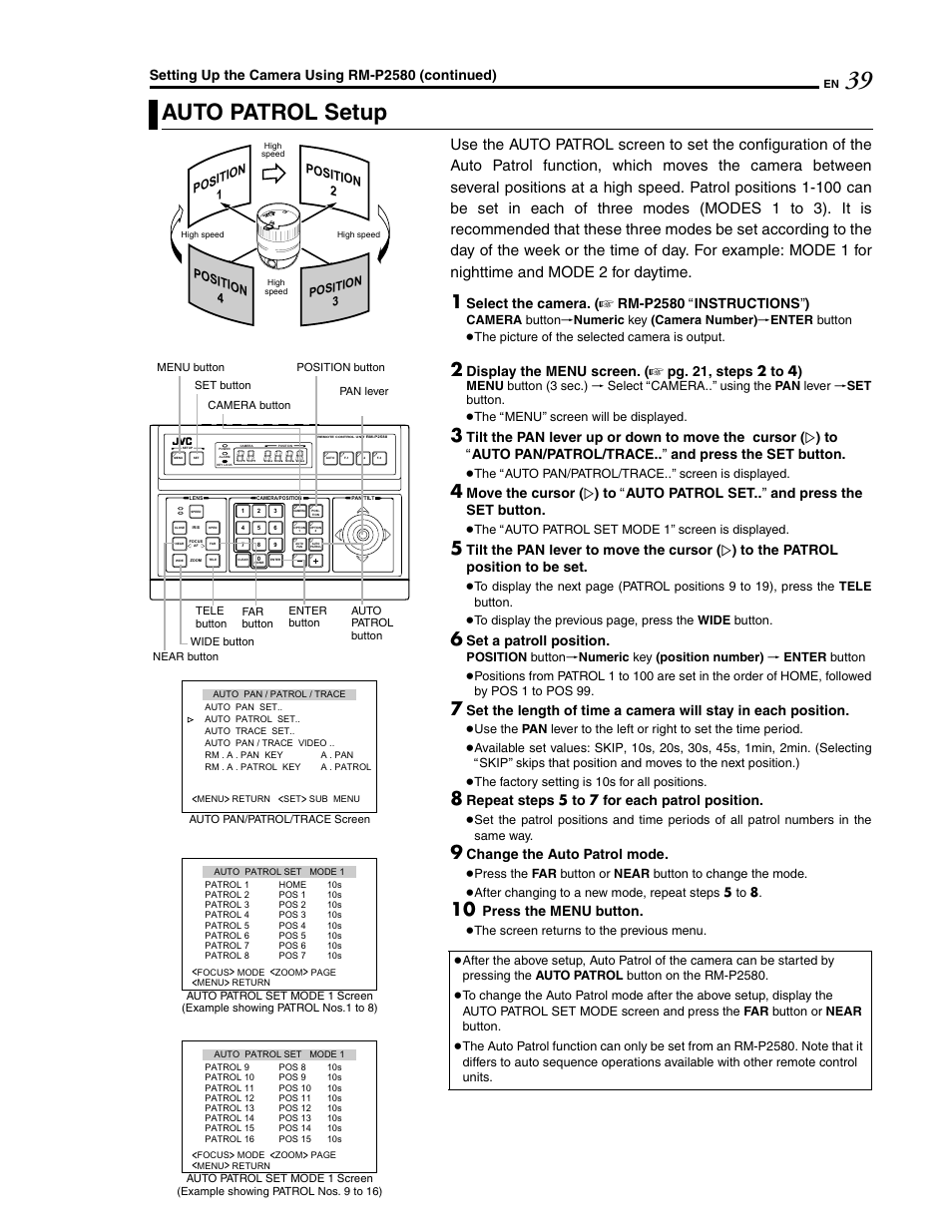Auto patrol setup, Setting up the camera using rm-p2580 (continued), Select the camera. ( a rm-p2580 a instructions b ) | Display the menu screen. ( a pg. 21, steps 2 to 4), Set a patroll position, Repeat steps 5 to 7 for each patrol position, Change the auto patrol mode, Press the menu button | JVC LWT0254-001B-H User Manual | Page 39 / 44