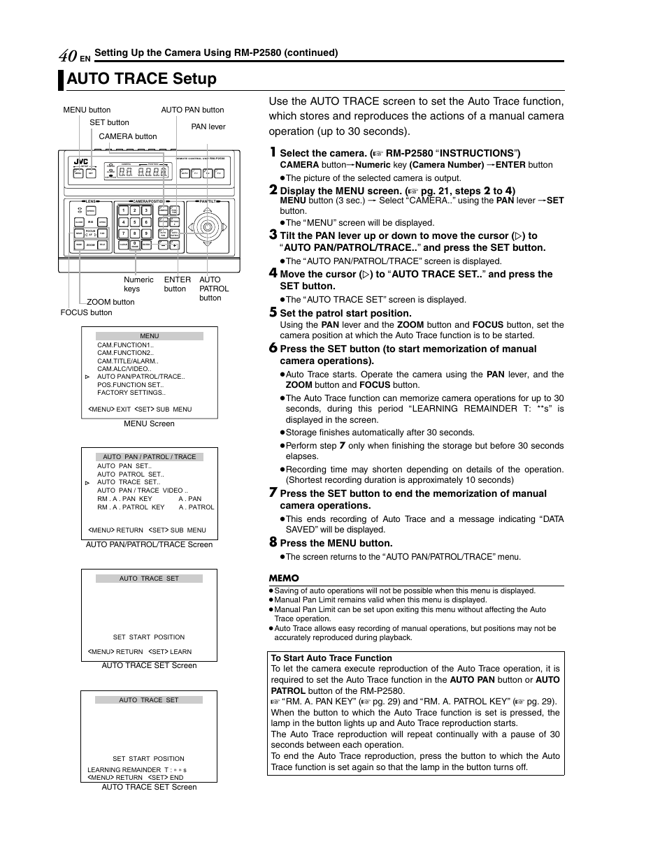 Auto trace setup, Setting up the camera using rm-p2580 (continued), Select the camera. ( a rm-p2580 a instructions b ) | Display the menu screen. ( a pg. 21, steps 2 to 4), Set the patrol start position, Press the menu button | JVC LWT0254-001B-H User Manual | Page 40 / 44