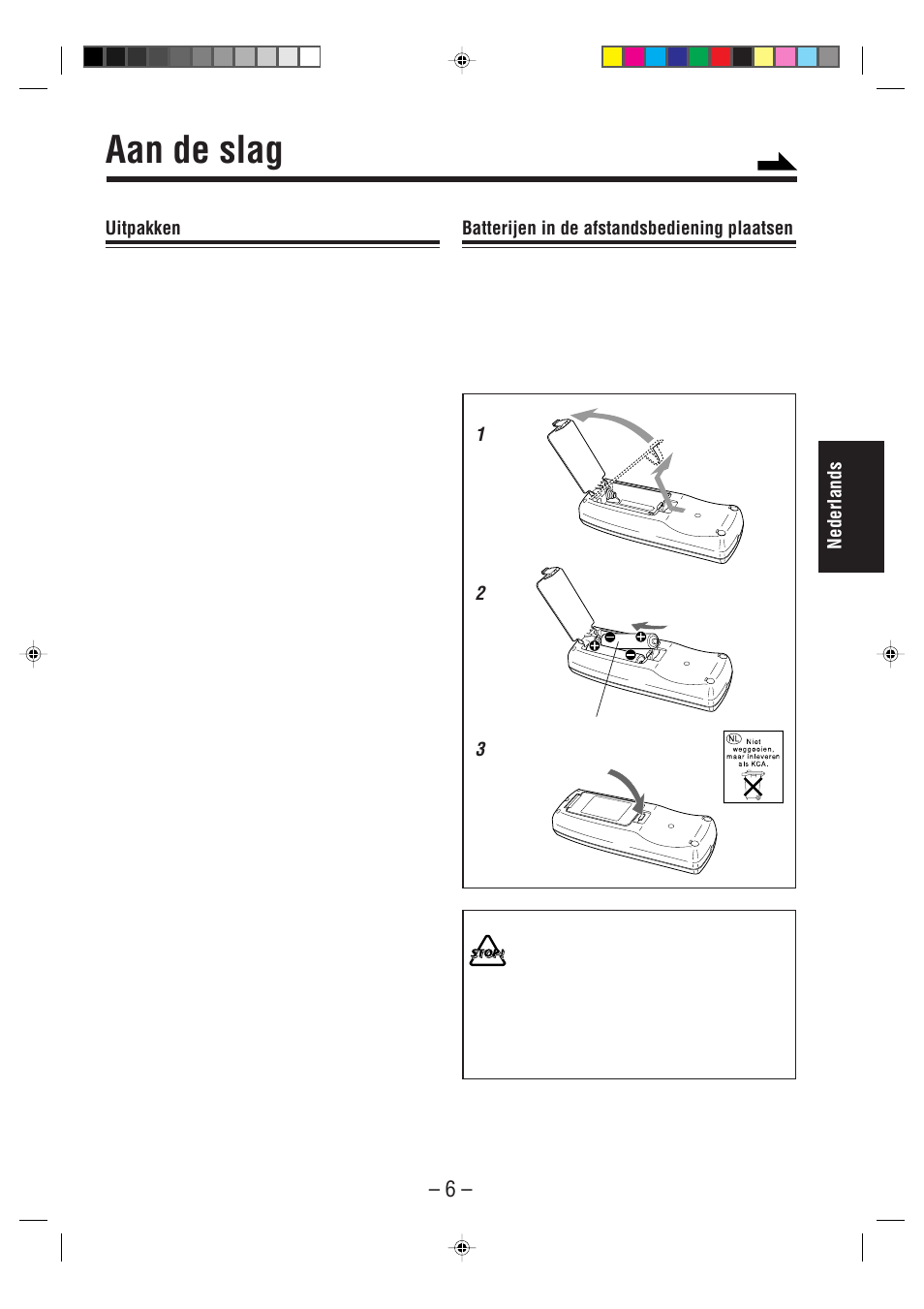 Aan de slag, Nederlands, Uitpakken | Batterijen in de afstandsbediening plaatsen | JVC UX-A52R User Manual | Page 11 / 48