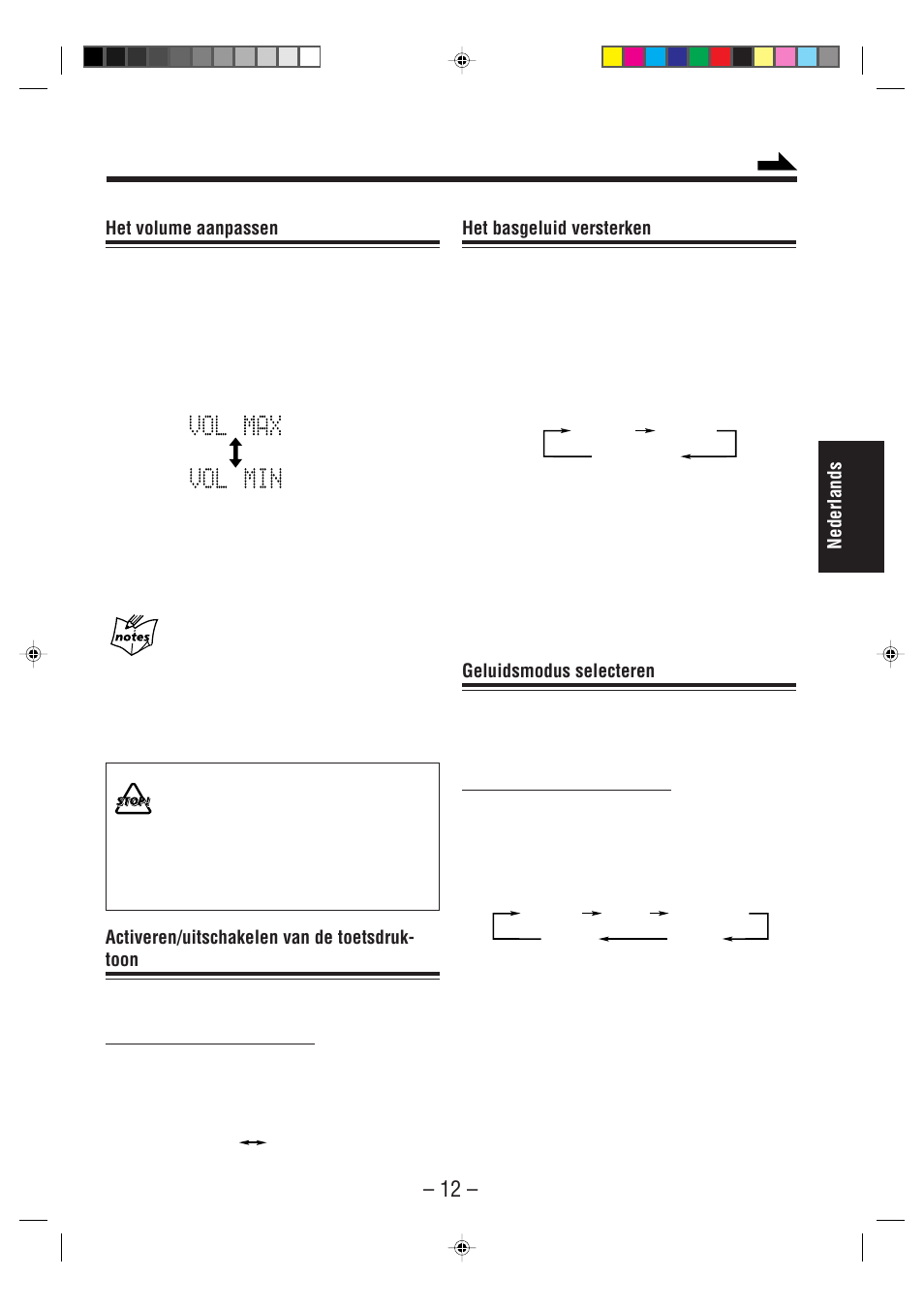 Nederlands het basgeluid versterken, Geluidsmodus selecteren, Het volume aanpassen | Activeren/uitschakelen van de toetsdruk- toon | JVC UX-A52R User Manual | Page 17 / 48