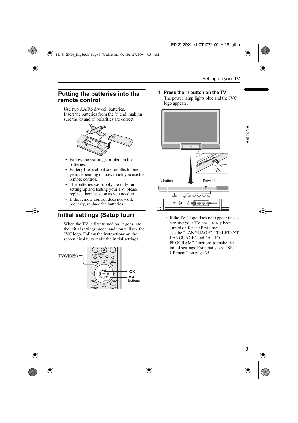 Putting the batteries into the remote control, Initial settings (setup tour), Putting the batteries into the remote | Control | JVC PD-Z42DX4 User Manual | Page 10 / 54