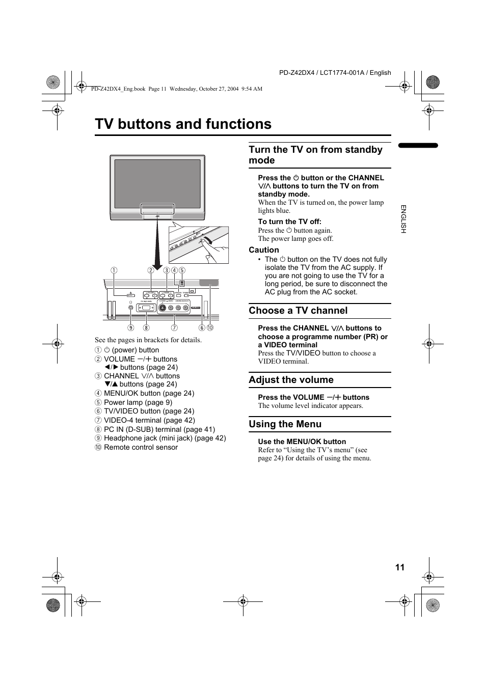 Tv buttons and functions, Turn the tv on from standby mode, Choose a tv channel | Adjust the volume, Using the menu | JVC PD-Z42DX4 User Manual | Page 12 / 54