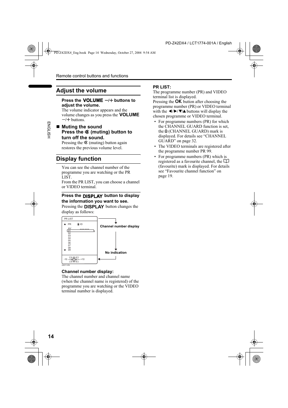 Adjust the volume, Display function, Adjust the volume display function | JVC PD-Z42DX4 User Manual | Page 15 / 54