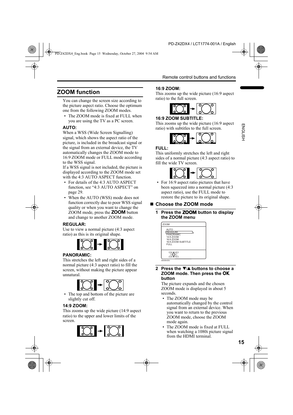 Zoom function | JVC PD-Z42DX4 User Manual | Page 16 / 54