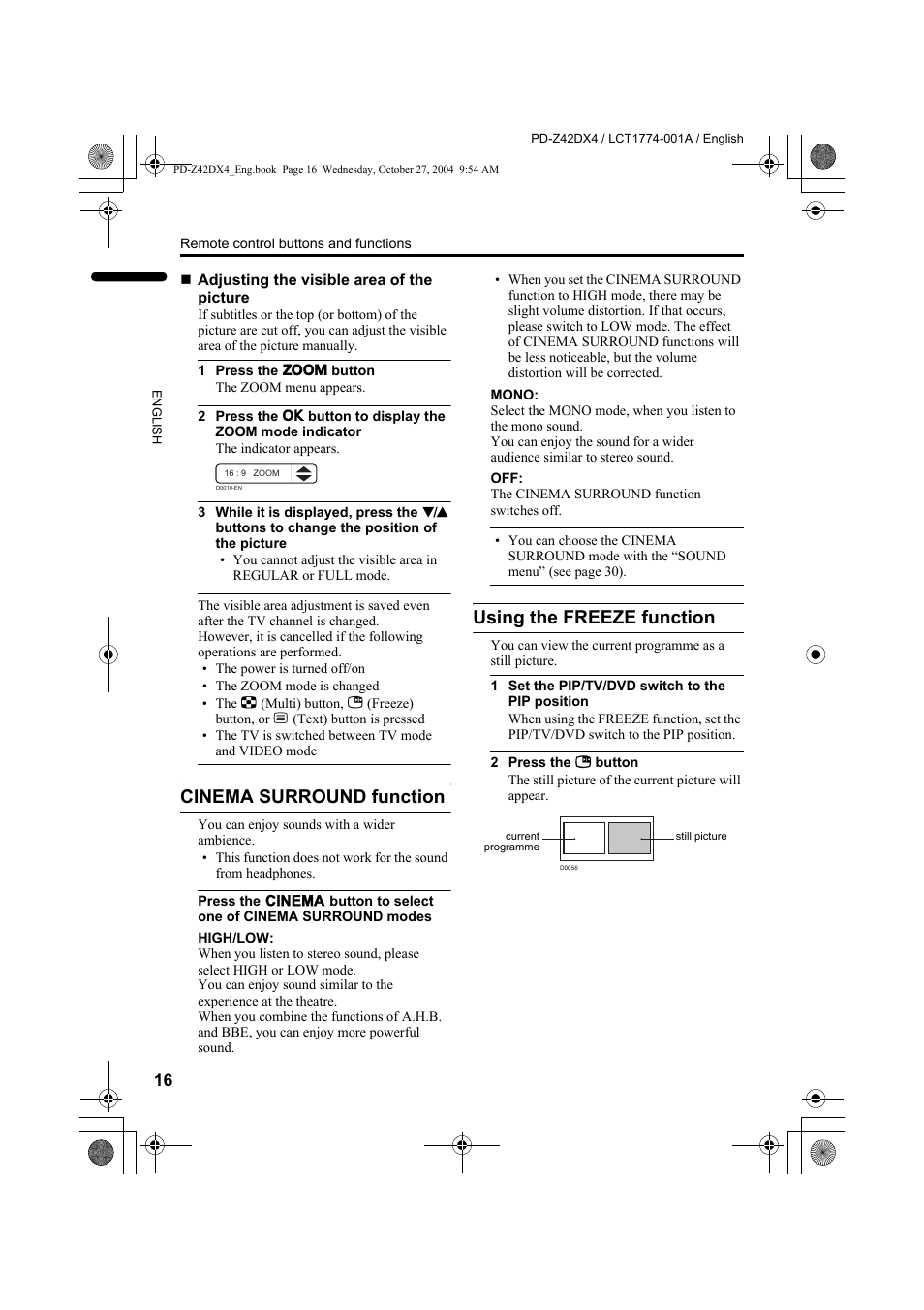 Cinema surround function, Using the freeze function, Cinema surround function using the freeze function | JVC PD-Z42DX4 User Manual | Page 17 / 54