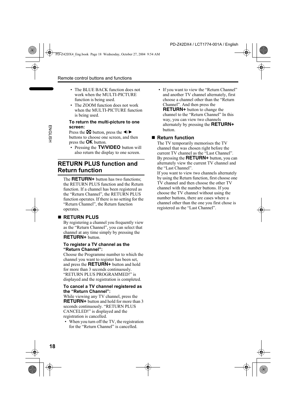 Return plus function and return function, Return plus function and return, Function | JVC PD-Z42DX4 User Manual | Page 19 / 54