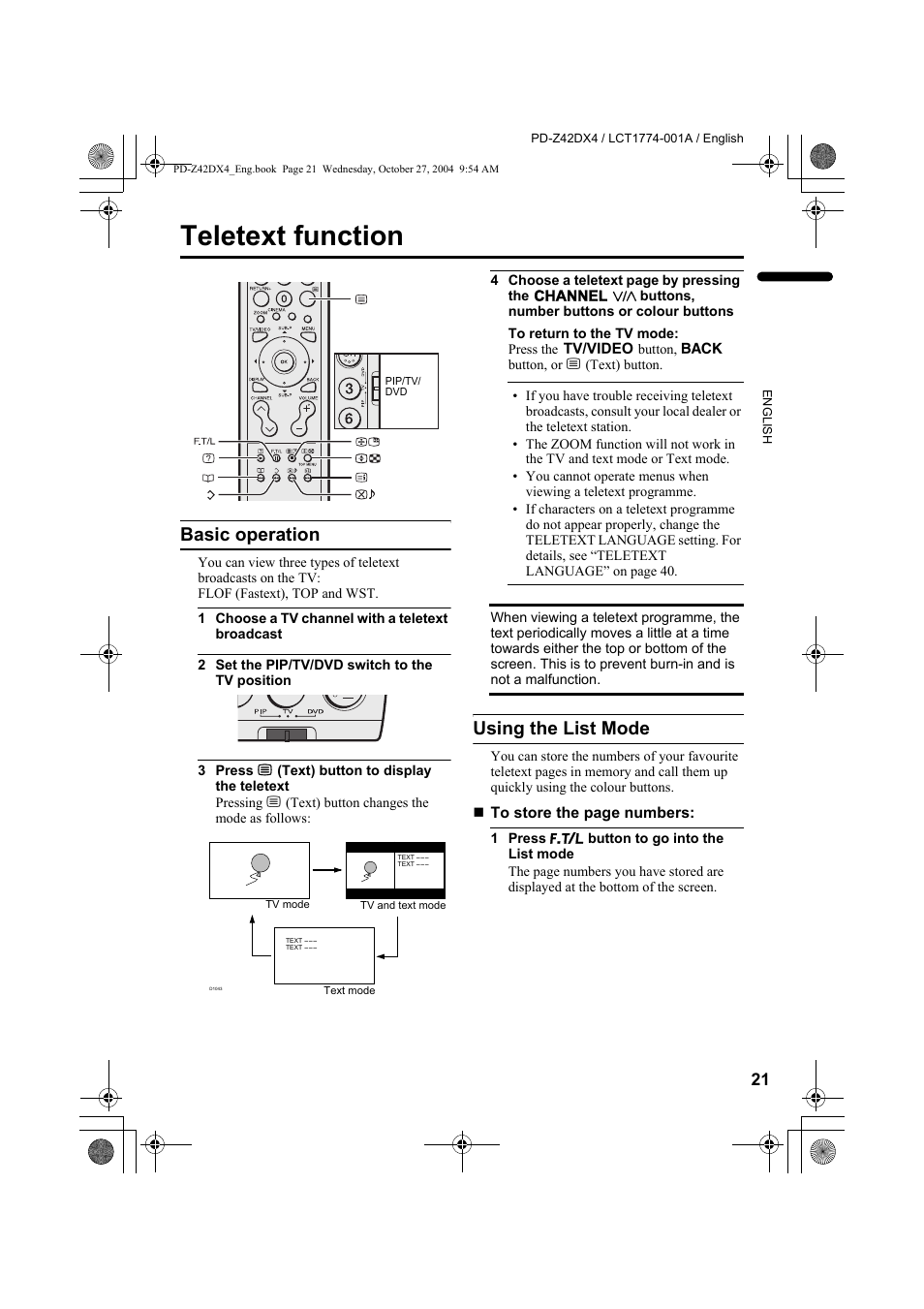 Teletext function, Basic operation, Using the list mode | Basic operation using the list mode | JVC PD-Z42DX4 User Manual | Page 22 / 54