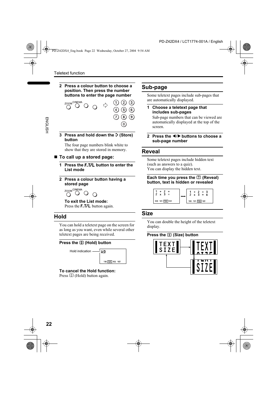 Hold, Reveal, Size | Sub-page | JVC PD-Z42DX4 User Manual | Page 23 / 54