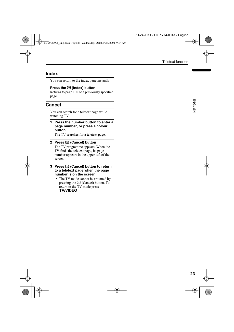 Index, Cancel, Index cancel | JVC PD-Z42DX4 User Manual | Page 24 / 54