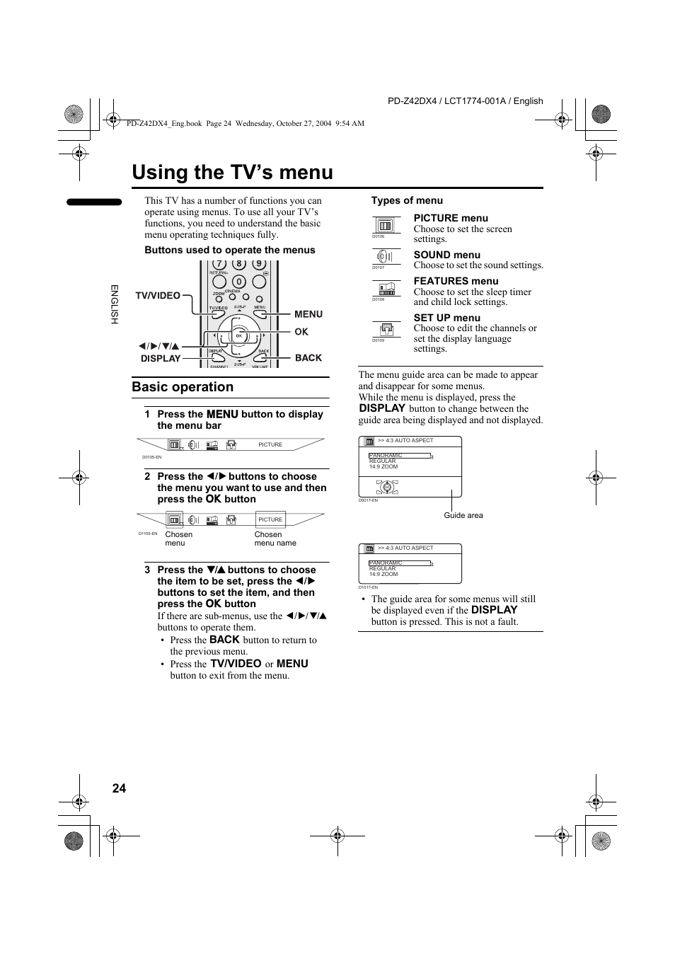 Using the tv’s menu, Basic operation, Refer to “using the tv’s menu | JVC PD-Z42DX4 User Manual | Page 25 / 54