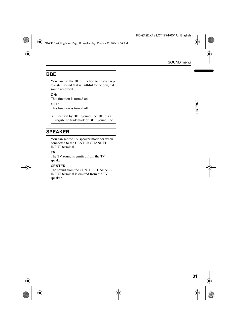 Speaker, Bbe speaker | JVC PD-Z42DX4 User Manual | Page 32 / 54