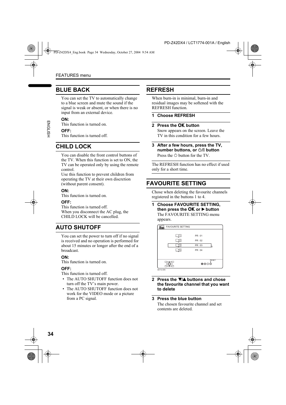 Blue back, Child lock, Auto shutoff | Refresh, Favourite setting | JVC PD-Z42DX4 User Manual | Page 35 / 54