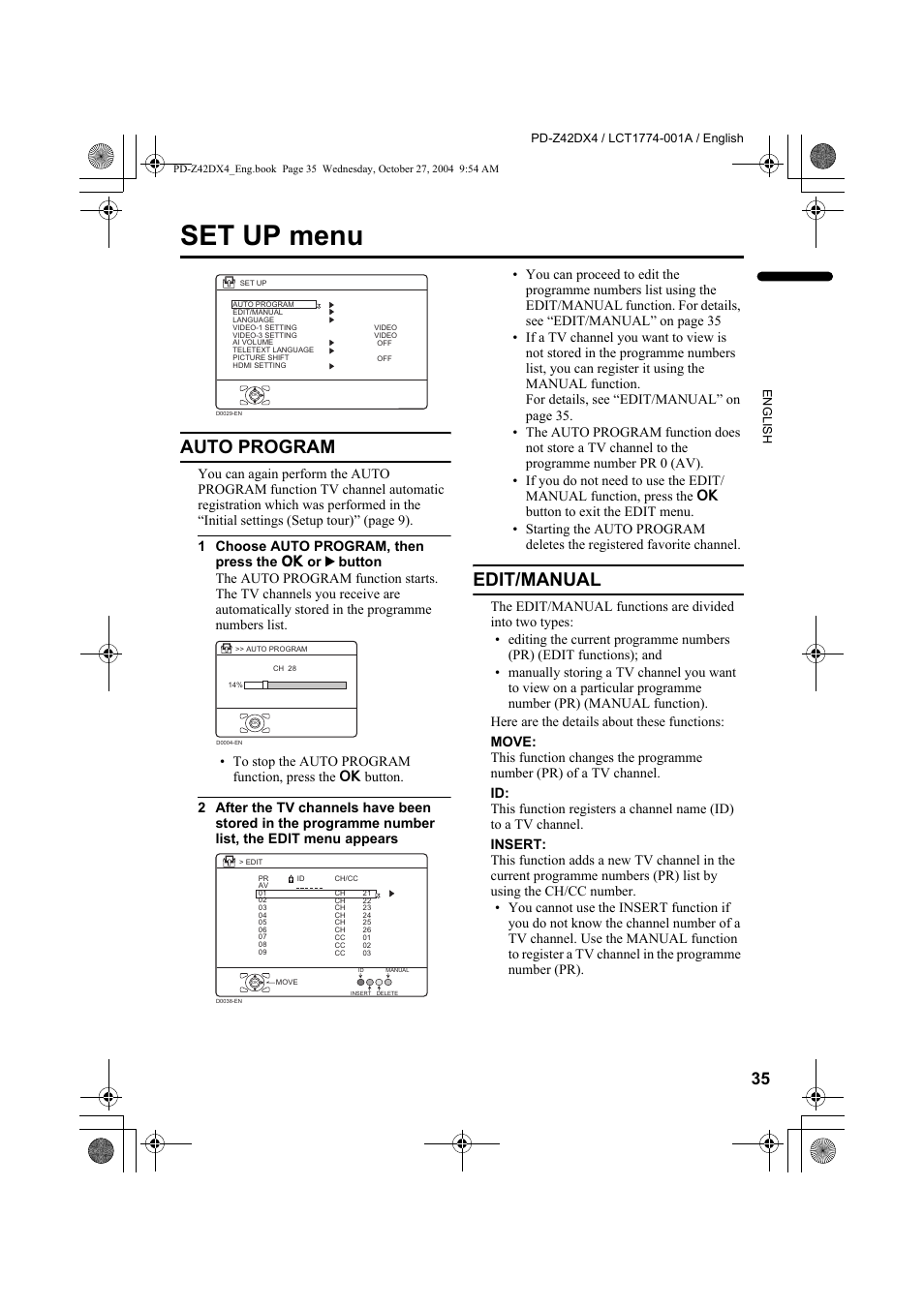 Set up menu, Auto program, Edit/manual | Auto program edit/manual, See “edit/manual” on, Edit | JVC PD-Z42DX4 User Manual | Page 36 / 54