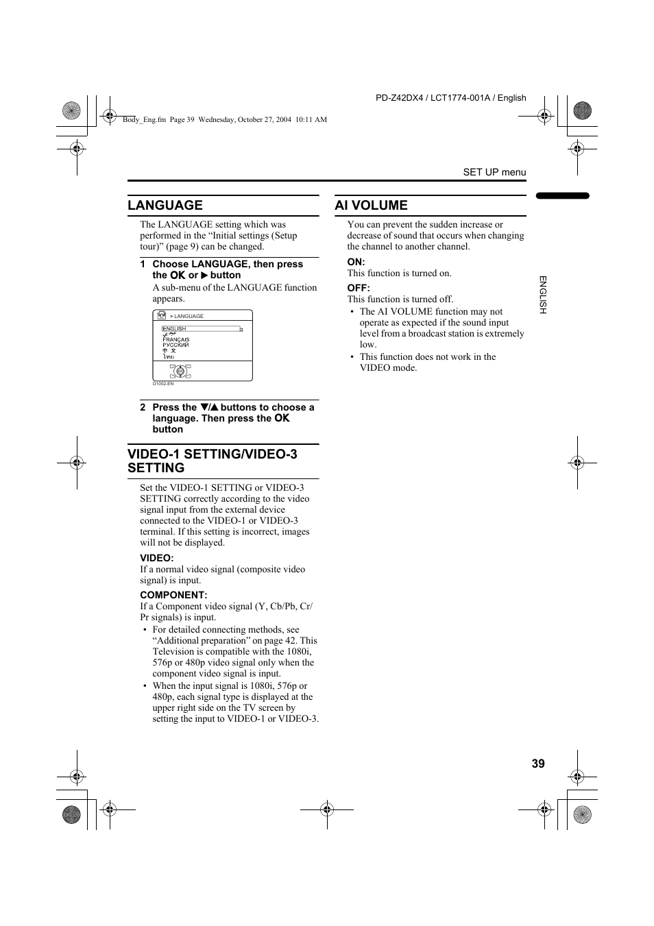 Language, Video-1 setting/video-3 setting, Ai volume | Language video-1 setting/video-3 setting ai volume | JVC PD-Z42DX4 User Manual | Page 40 / 54