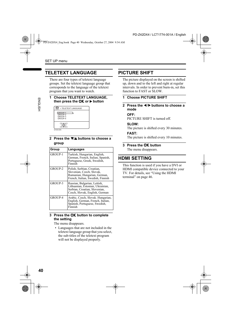 Teletext language, Picture shift, Hdmi setting | Teletext language picture shift hdmi setting | JVC PD-Z42DX4 User Manual | Page 41 / 54