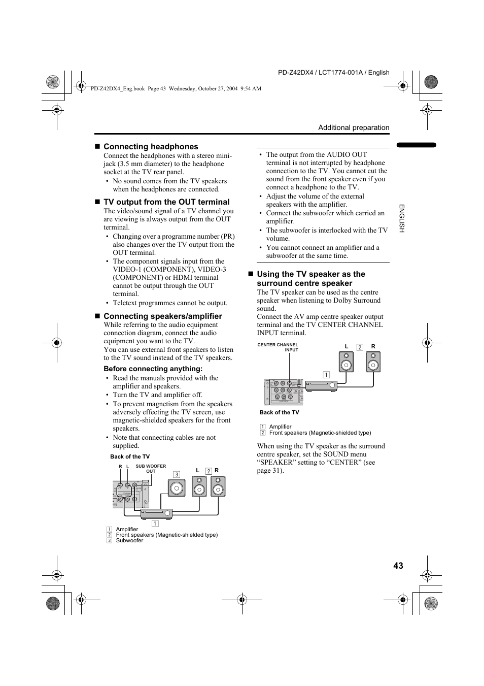 Connecting headphones, Tv output from the out terminal, Connecting speakers/amplifier | Additional preparation | JVC PD-Z42DX4 User Manual | Page 44 / 54