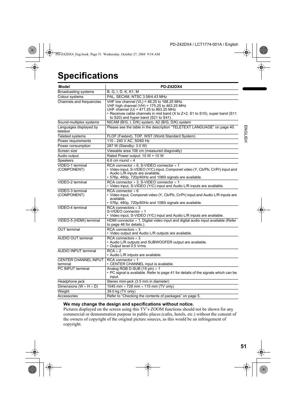 Specifications | JVC PD-Z42DX4 User Manual | Page 52 / 54