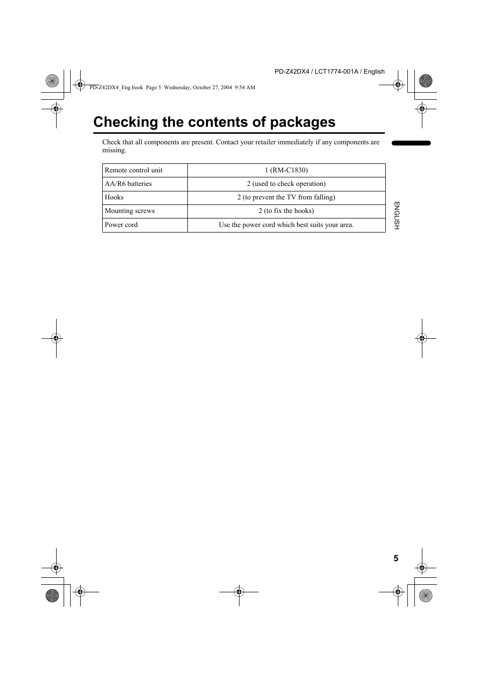 Checking the contents of packages | JVC PD-Z42DX4 User Manual | Page 6 / 54