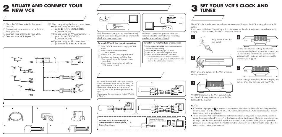 Situate and connect your new vcr, Set your vcr's clock and tuner, A–basic antenna/cable connection | B–catv converter connection plug & play, C–audio/video connections, Connectors which are or may be required, Rf connection | JVC HR-DD750U User Manual | Page 2 / 2