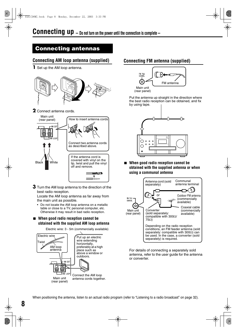 Connecting up, Connecting antennas, Connection | Connecting am loop antenna (supplied) 1, Connecting fm antenna (supplied) | JVC EX-A5 User Manual | Page 12 / 47
