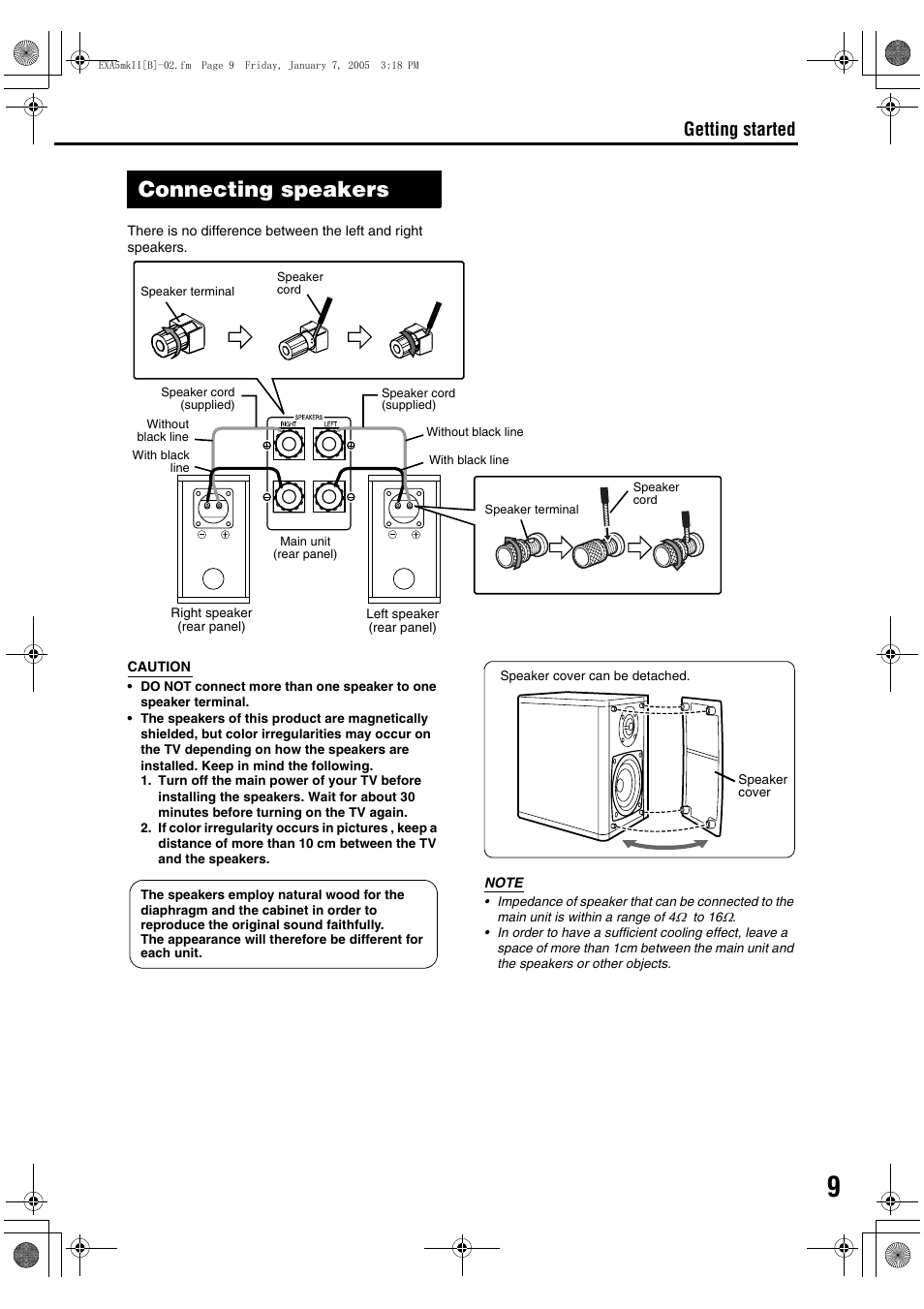 Connecting speakers, Connecting up connection, Getting started | JVC EX-A5 User Manual | Page 13 / 47