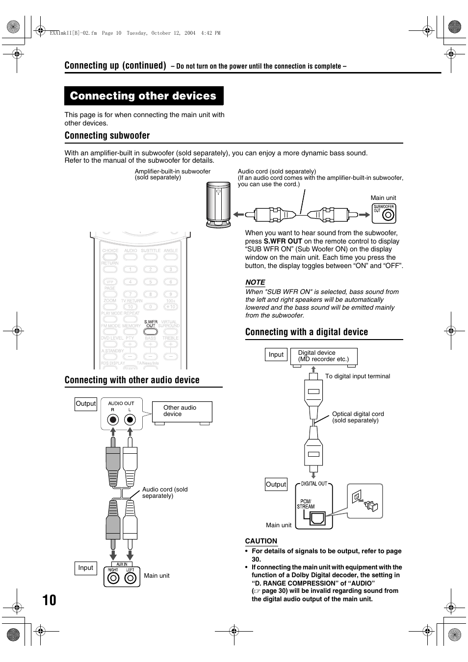 Connecting other devices, Connecting up connection, Connecting with a digital device | Continued) | JVC EX-A5 User Manual | Page 14 / 47