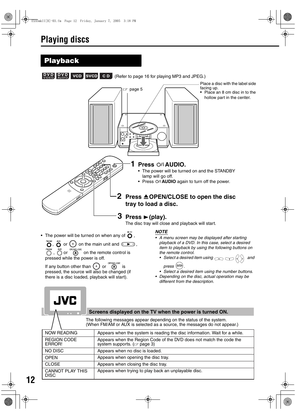 Basic operations, Playing discs, Playback | Press f audio | JVC EX-A5 User Manual | Page 16 / 47