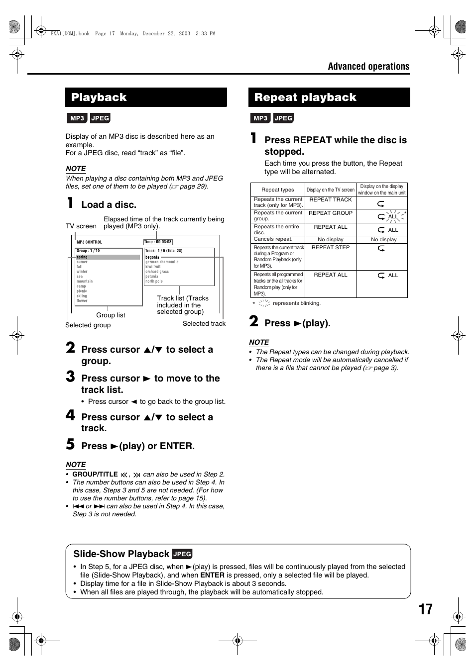 Playback, Repeat playback, Advanced operations | Load a disc, Press cursor 5 / / to select a group, Press cursor 3 to move to the track list, Press cursor 5 / / to select a track, Press 3 (play) or enter, Press repeat while the disc is stopped, Press 3 (play) | JVC EX-A5 User Manual | Page 21 / 47