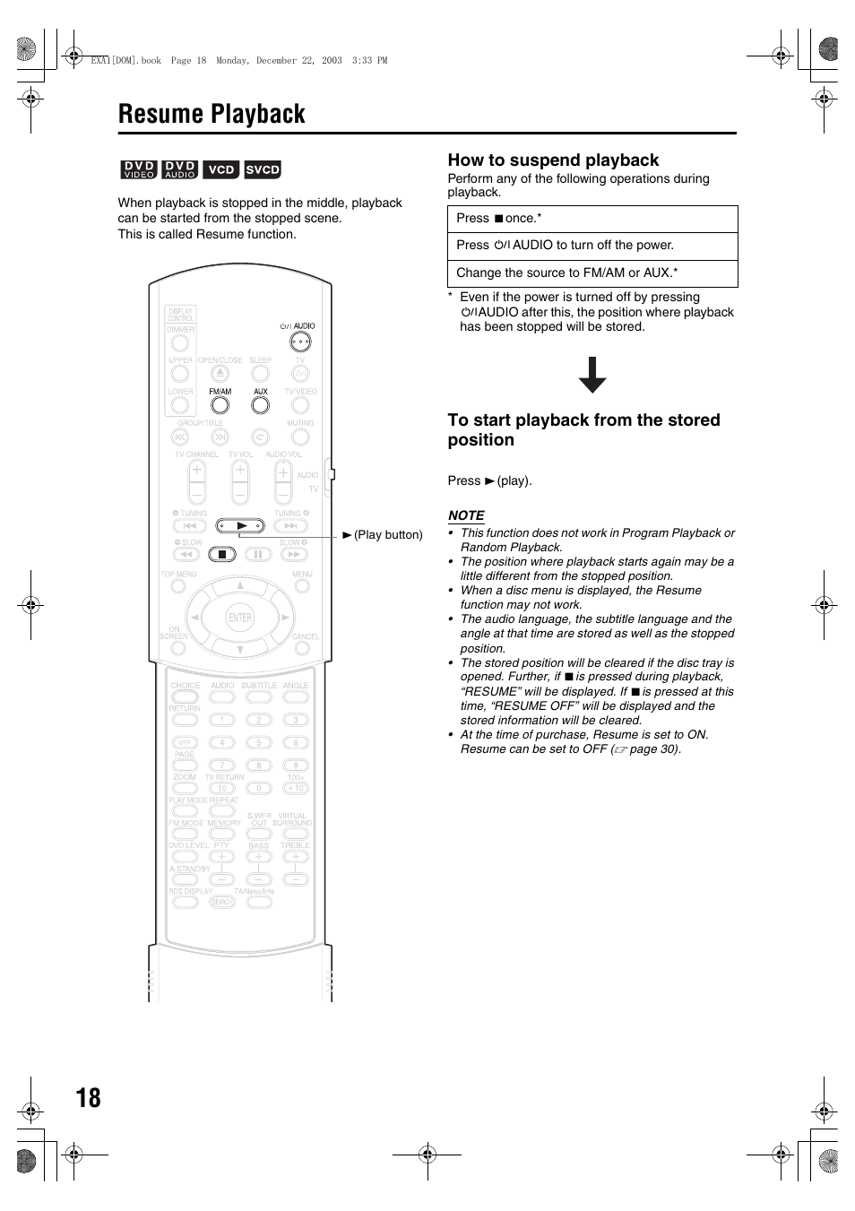 Resume playback, How to suspend playback | JVC EX-A5 User Manual | Page 22 / 47