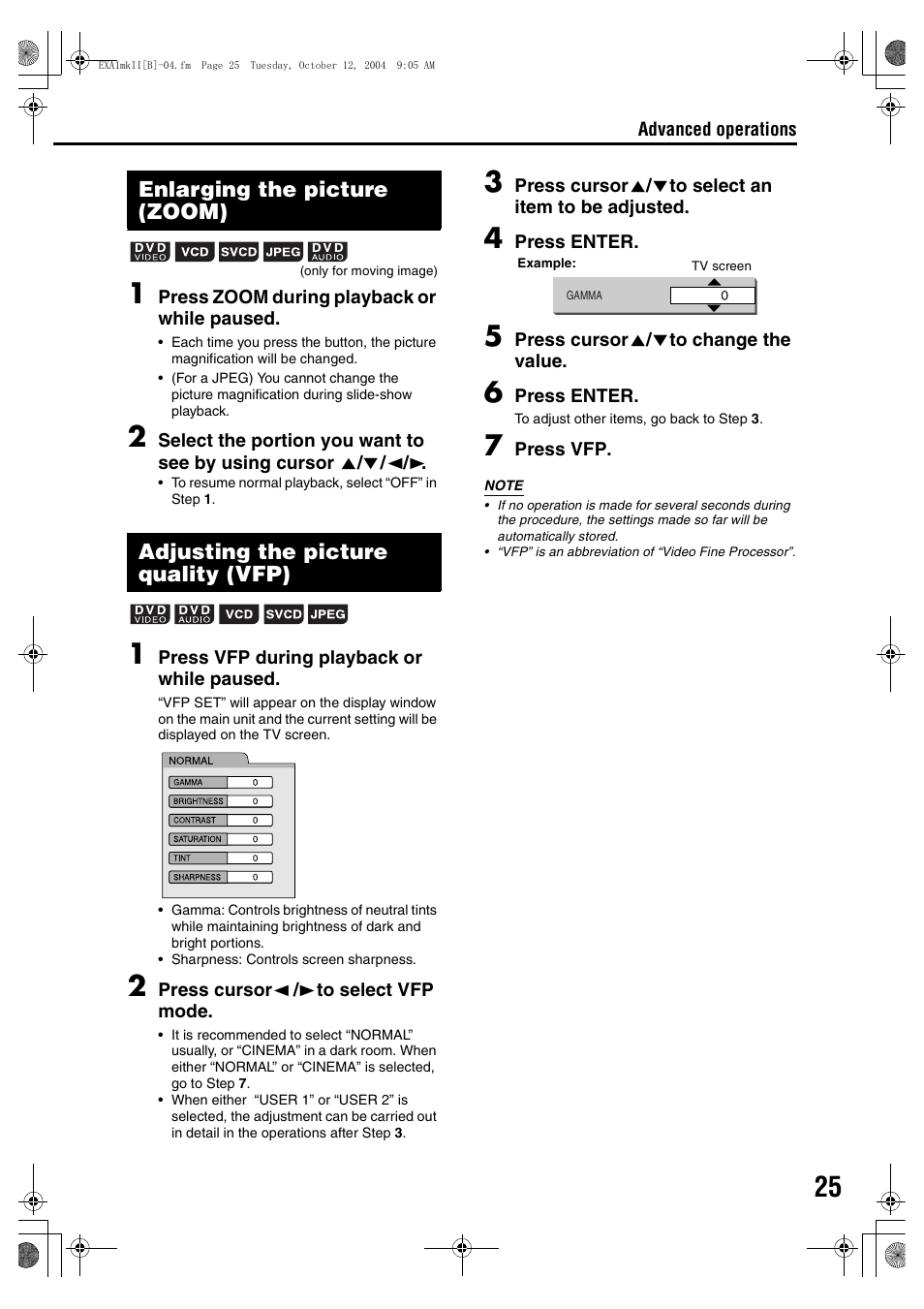 Enlarging the picture (zoom), Adjusting the picture quality (vfp) | JVC EX-A5 User Manual | Page 29 / 47