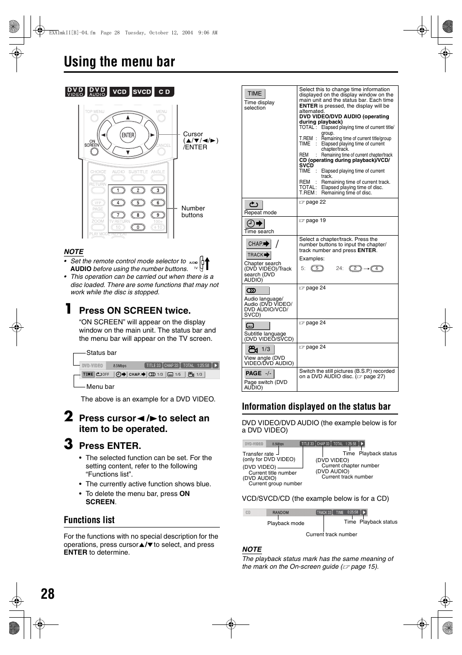 Using the menu bar, Press on screen twice, Press enter | Functions list, Information displayed on the status bar | JVC EX-A5 User Manual | Page 32 / 47