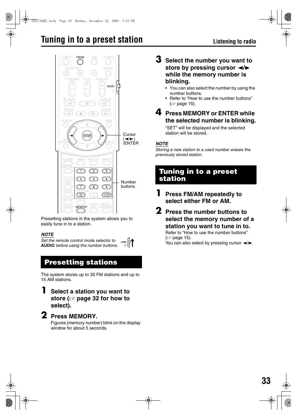 Tuning in to a preset station, Presetting stations | JVC EX-A5 User Manual | Page 37 / 47