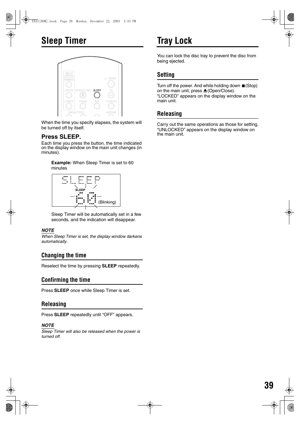 Sleep timer, Tray lock, Sleep timer tray lock | JVC EX-A5 User Manual | Page 43 / 47