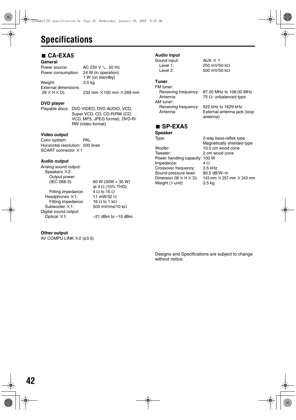 Specifications, 7 ca-exa5, 7 sp-exa5 | JVC EX-A5 User Manual | Page 46 / 47