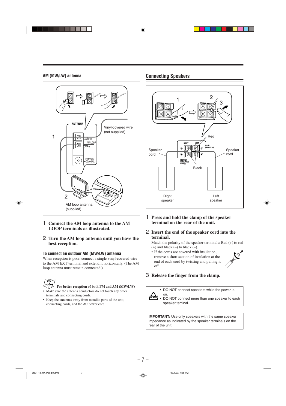 Connecting speakers | JVC CA-UXP55 User Manual | Page 10 / 28