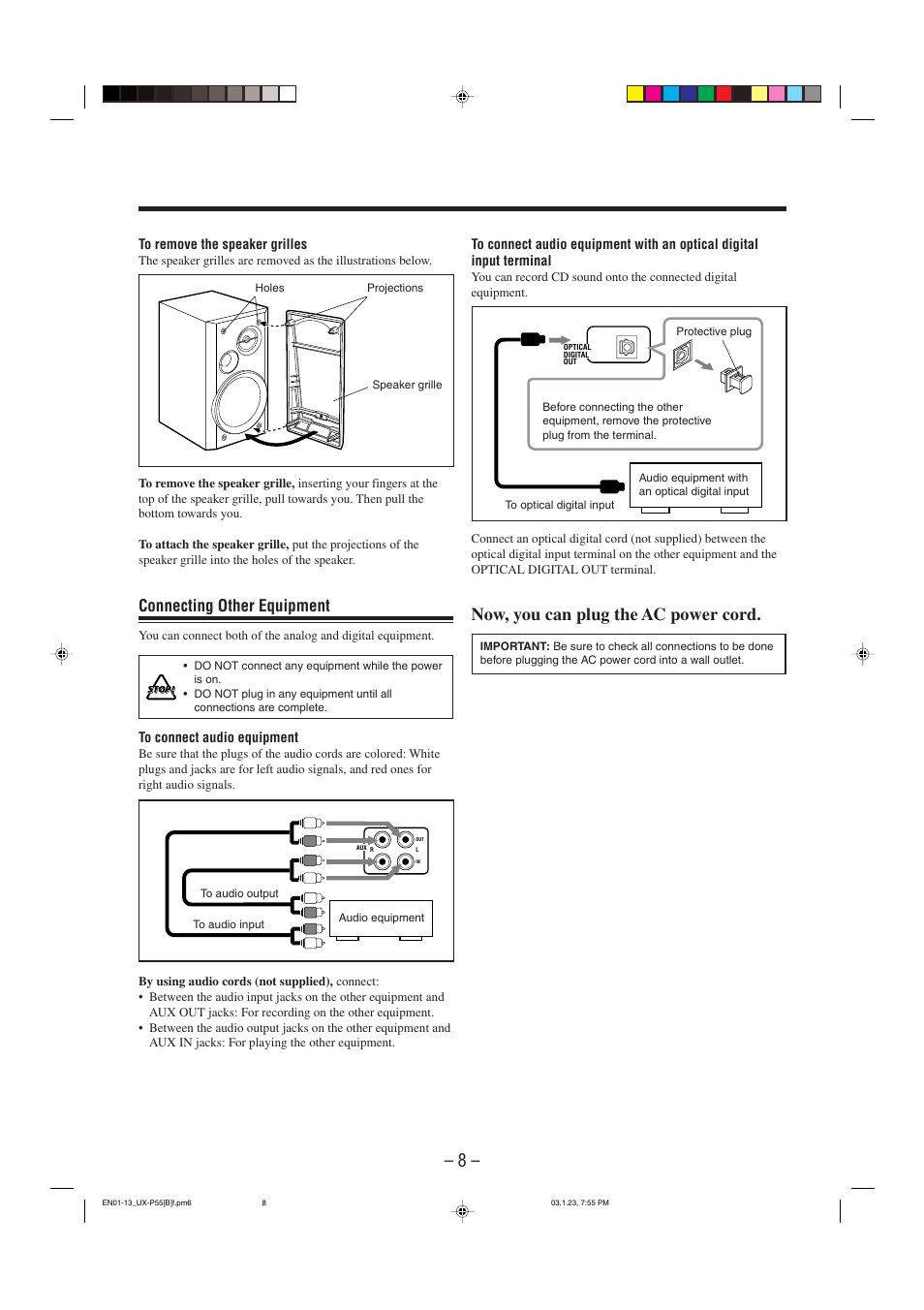 Now, you can plug the ac power cord, Connecting other equipment | JVC CA-UXP55 User Manual | Page 11 / 28