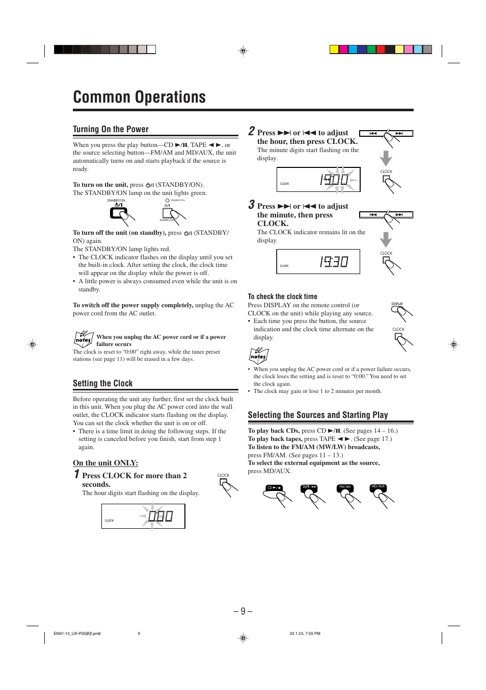 Common operations, Turning on the power, Setting the clock | Selecting the sources and starting play | JVC CA-UXP55 User Manual | Page 12 / 28