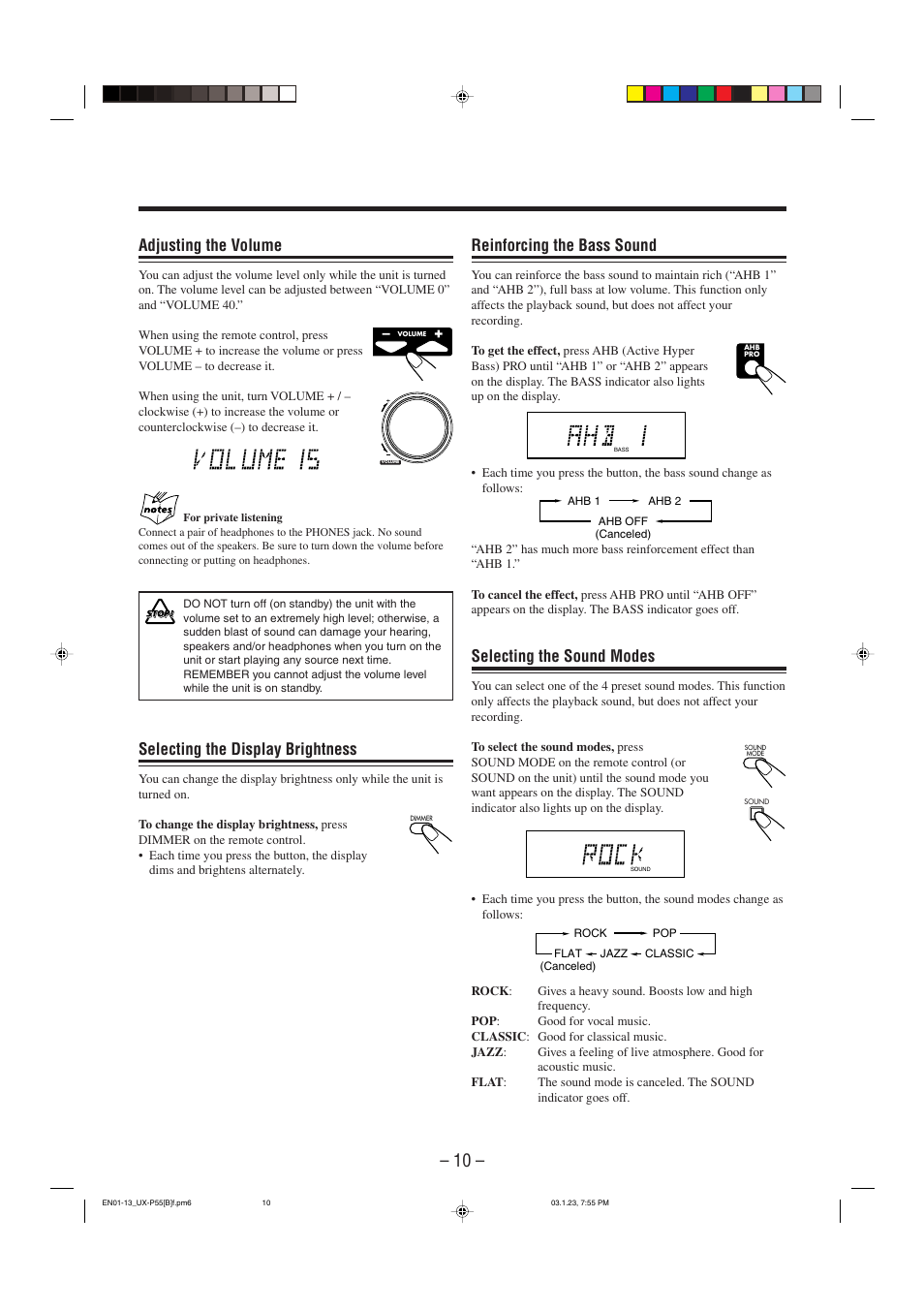 Reinforcing the bass sound, Selecting the sound modes, Adjusting the volume | Selecting the display brightness | JVC CA-UXP55 User Manual | Page 13 / 28