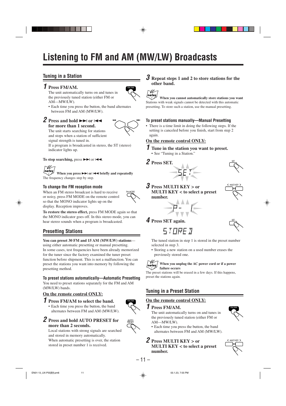 Listening to fm and am (mw/lw) broadcasts | JVC CA-UXP55 User Manual | Page 14 / 28