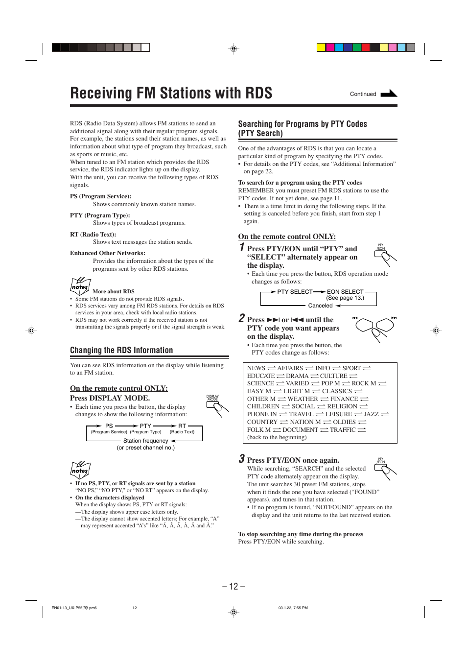 Receiving fm stations with rds, Changing the rds information, Searching for programs by pty codes (pty search) | JVC CA-UXP55 User Manual | Page 15 / 28