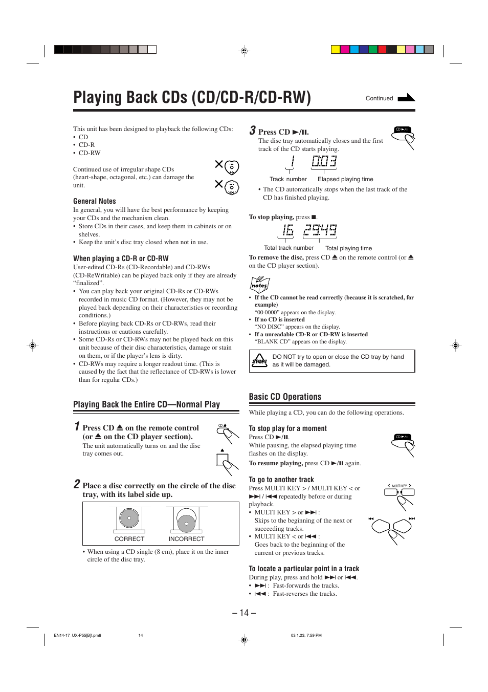 Playing back cds (cd/cd-r/cd-rw), Playing back the entire cd—normal play, Basic cd operations | JVC CA-UXP55 User Manual | Page 17 / 28