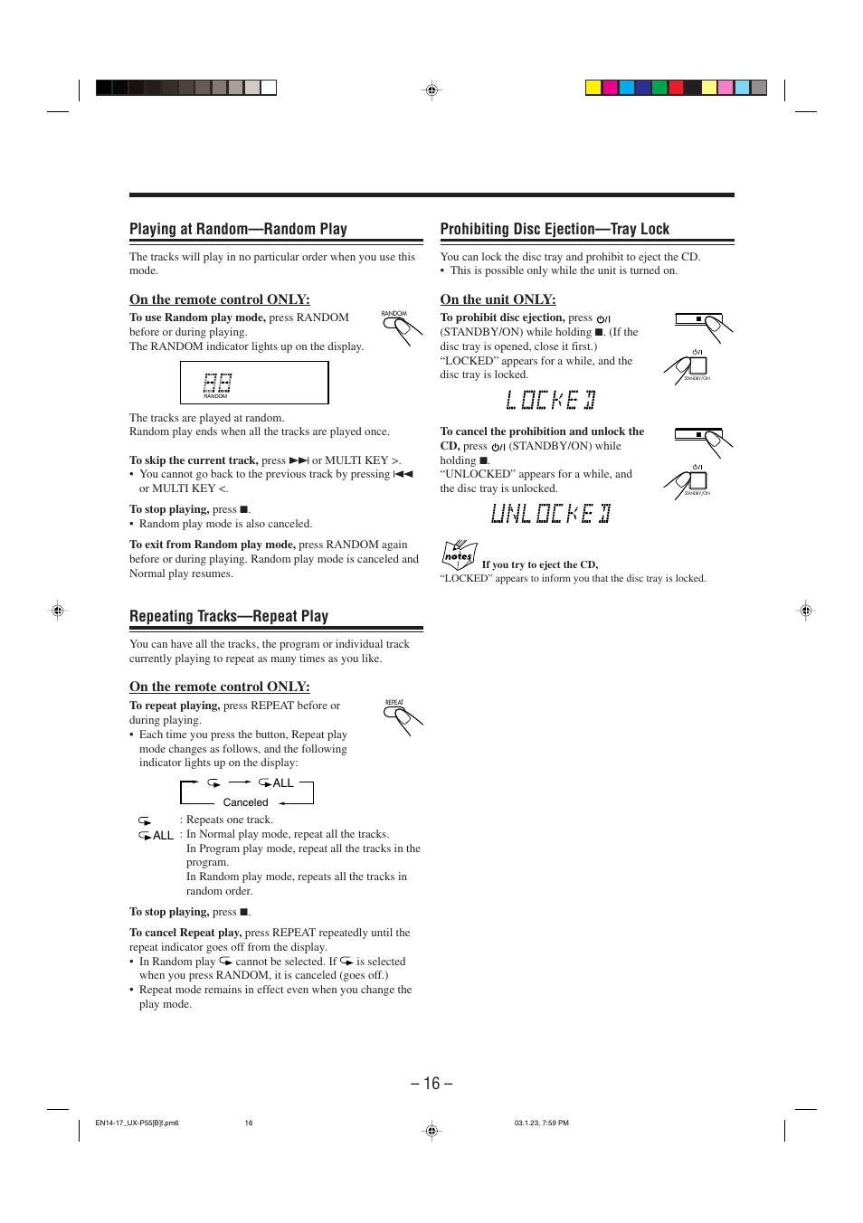 Prohibiting disc ejection—tray lock, Playing at random—random play, Repeating tracks—repeat play | JVC CA-UXP55 User Manual | Page 19 / 28