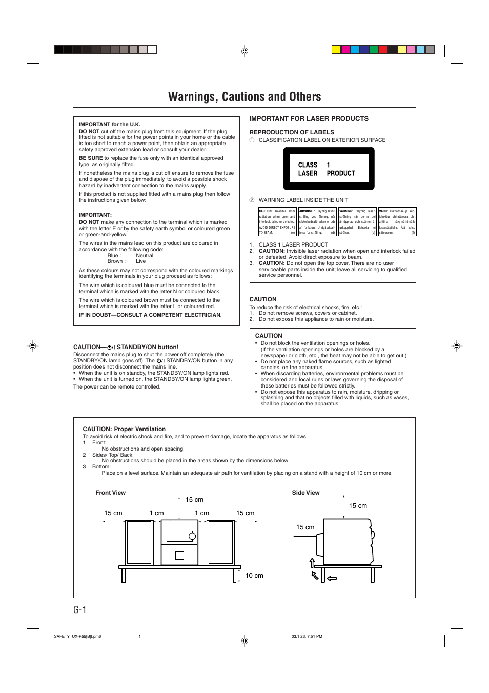 Warnings, cautions and others, Important for laser products, 15 cm | JVC CA-UXP55 User Manual | Page 2 / 28
