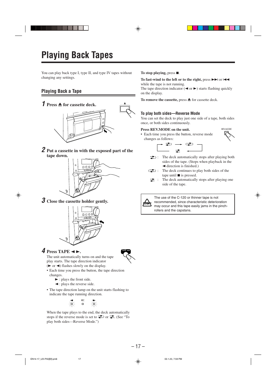 Playing back tapes | JVC CA-UXP55 User Manual | Page 20 / 28