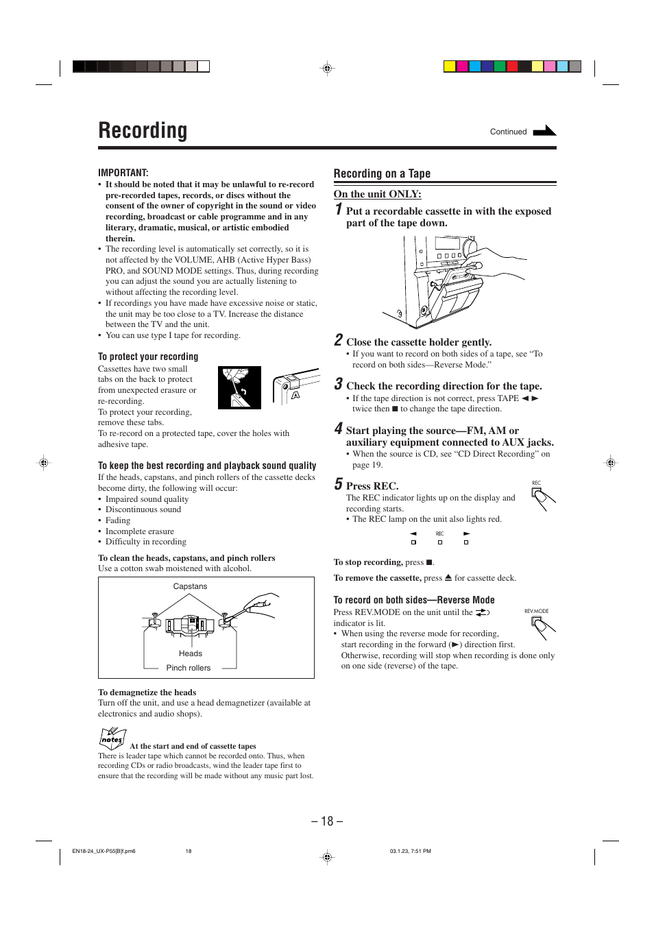 Recording | JVC CA-UXP55 User Manual | Page 21 / 28