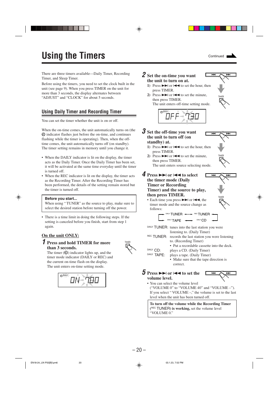 Using the timers, Using daily timer and recording timer | JVC CA-UXP55 User Manual | Page 23 / 28