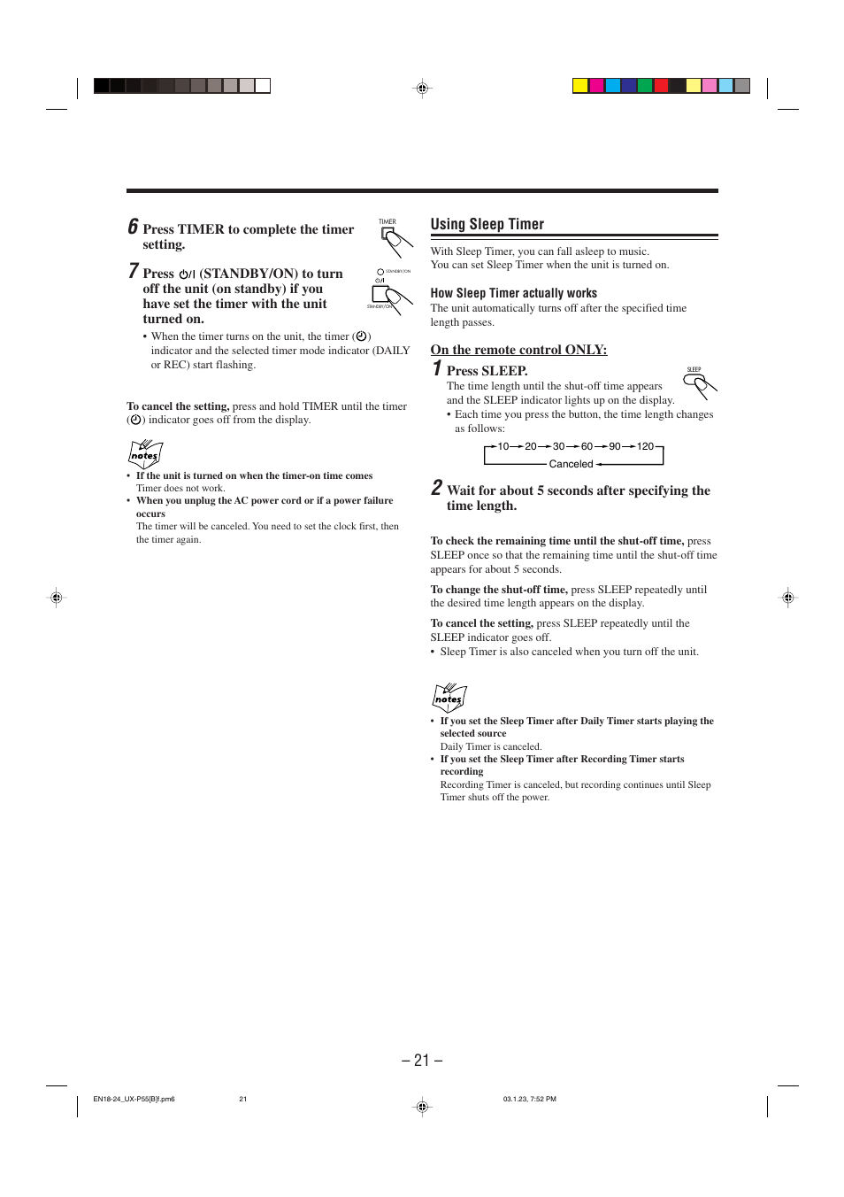 Using sleep timer | JVC CA-UXP55 User Manual | Page 24 / 28