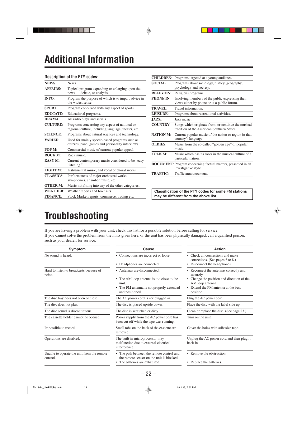 Additional information, Troubleshooting | JVC CA-UXP55 User Manual | Page 25 / 28