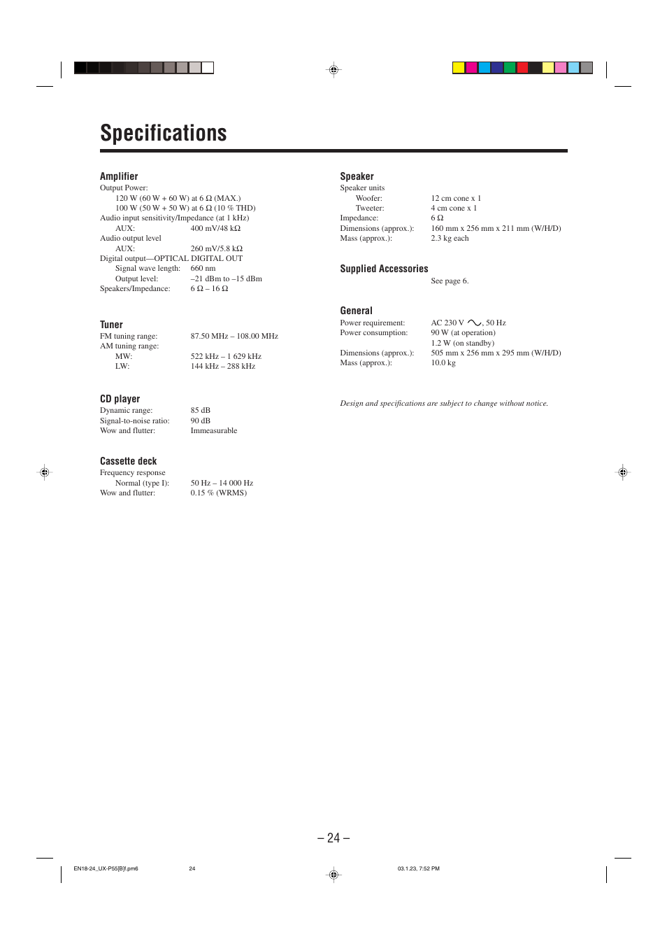 Specifications | JVC CA-UXP55 User Manual | Page 27 / 28