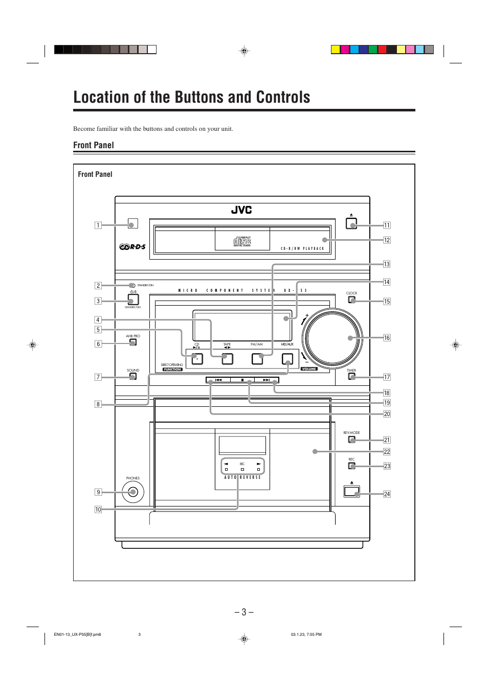 Location of the buttons and controls, Front panel, Qy u o ; a d 1 2 6 f t | JVC CA-UXP55 User Manual | Page 6 / 28